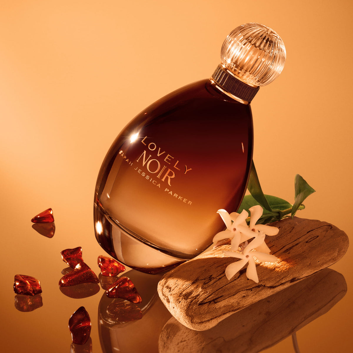 Sarah Jessica Parker Lovely Noir eau de parfum bottle surrounded by jasmine, amber and sandalwood